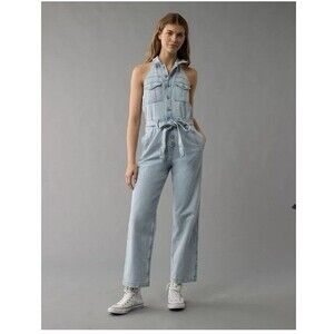 American Eagle Outfitters Denim Collared Halter Jumpsuit Size XL NWT